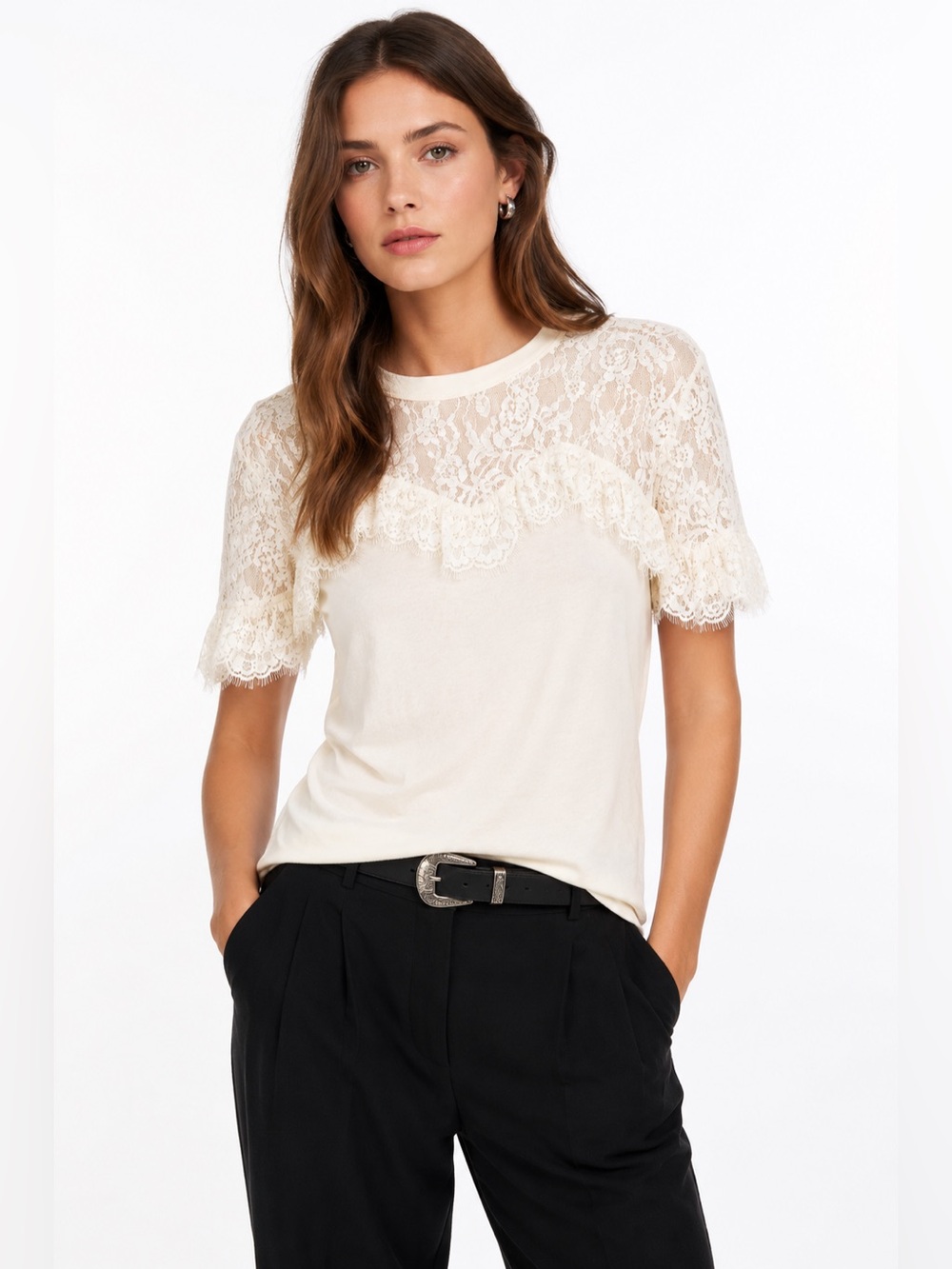 The Kooples Lace Yoke Tee NWT Ivory Ecru Floral Lace Top Size 3 Large $180
